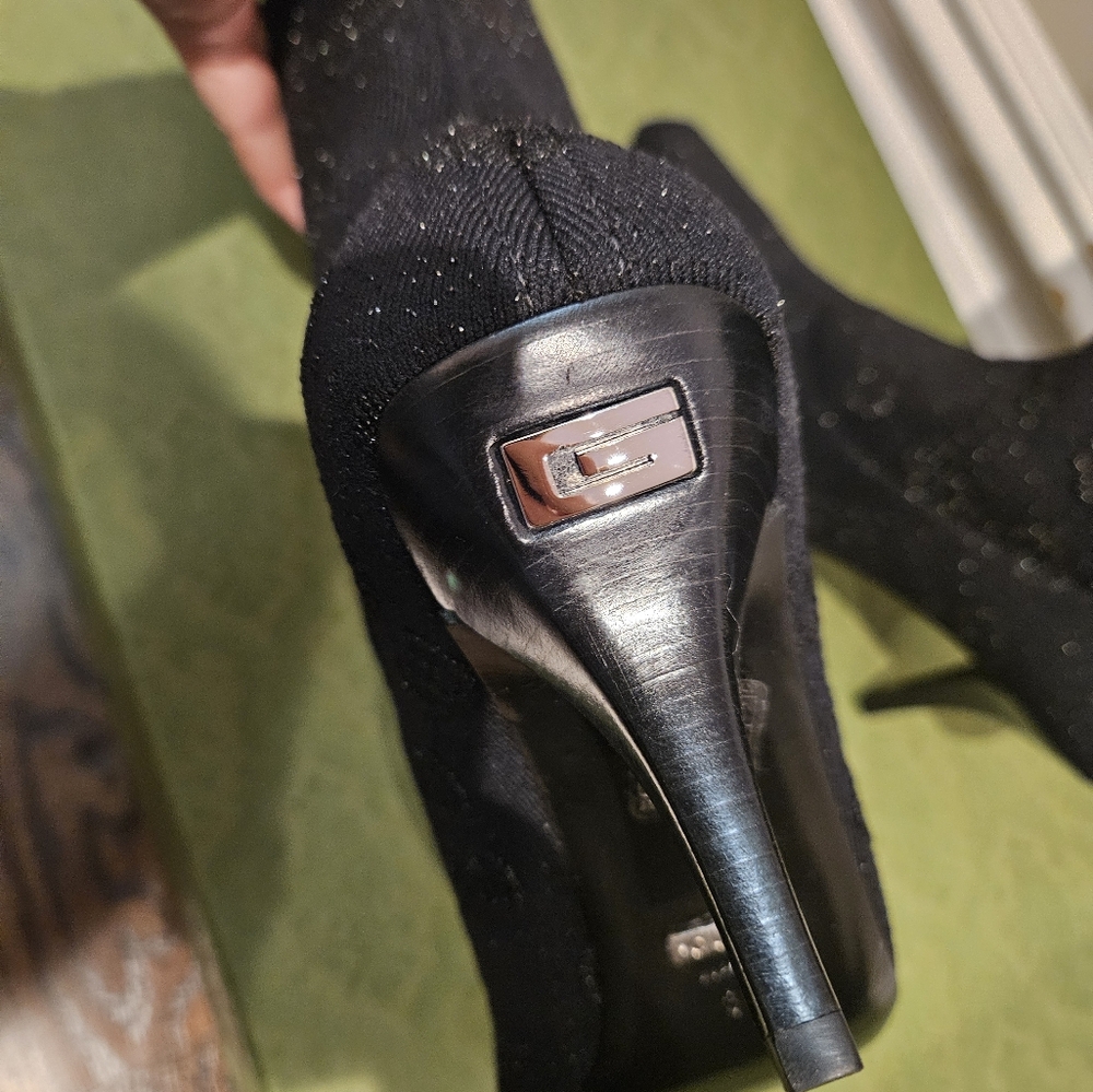$1450 NIB Auth Gucci Boots Knee High GG 75mm Heel Black Jacquard Tech Knit 38.5 - Picture 7 of 8